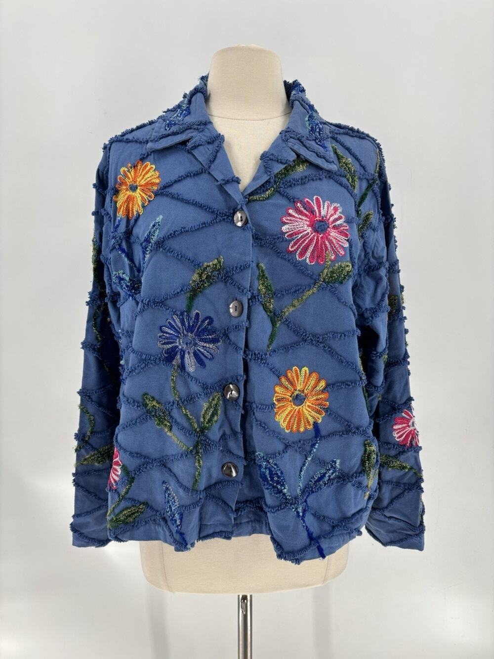 Tantrums Embroidered Floral Jacket Womens XL Blue Frayed Raw Edge Boho Artsy